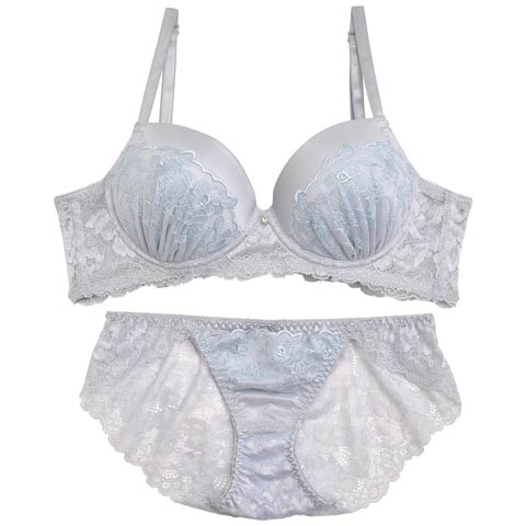 【ノンワイヤー】ボタニークフルール育乳脇高ブラジャー&フルバックショーツ[プチプラ](ブルーグレー-A65/ショーツM)