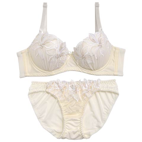 【ノンワイヤー】リリカルフラワーチュール育乳脇高ブラジャー&フルバックショーツ[プチプラ](アイボリー-A65/ショーツM)