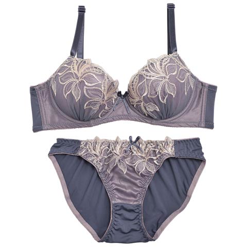 【ノンワイヤー】リリカルフラワーチュール育乳脇高ブラジャー&フルバックショーツ[プチプラ](ネイビー-A65/ショーツM)