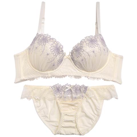 【ノンワイヤー】フェミニンパステルフィオーレ育乳脇高ブラジャー&フルバックショーツ[プチプラ](アイボリー-A65/ショーツM)