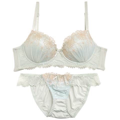 【ノンワイヤー】フェミニンパステルフィオーレ育乳脇高ブラジャー&フルバックショーツ[プチプラ](ミント-A65/ショーツM)