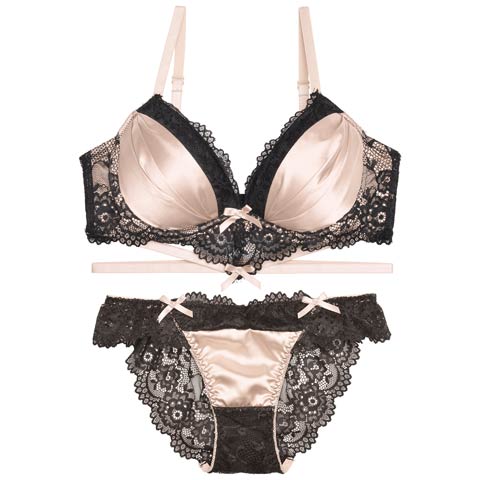 12/6再販!【三上悠亜着用】ラブリーサテンリボンコードブラジャー&バック透けフルバックショーツ［激売れ］(シャンパンゴールド-A65/ショーツM)