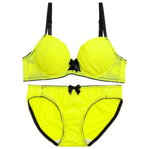 【EFサイズ】ギャザーシャインネオンブラジャー&フルバックショーツ［大人気］［12H限定1］(ライムグリーン-E65/ショーツM)