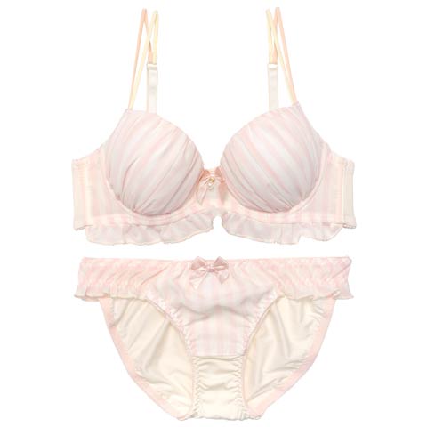 【EFサイズ】キャンディーストライプフリルブラジャー&フルバックショーツ［大人気］［週末セール］(ピンク-E65/ショーツM)