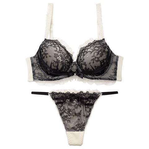 ダスティゴシックフリルチュール育乳脇高ブラジャー&Tバックショーツ［激売れ］(アイボリー-A65/ショーツM)