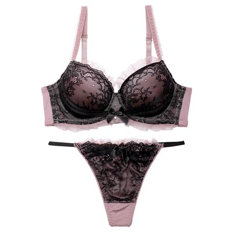 ダスティゴシックフリルチュール育乳脇高ブラジャー&Tバックショーツ［激売れ］(ピンク-A65/ショーツM)