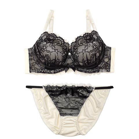 【EFサイズ】ダスティゴシックフリルチュール育乳脇高ブラジャー&フルバックショーツ［大人気］(アイボリー-E65/ショーツM)