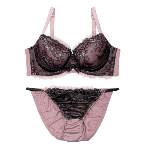 【EFサイズ】ダスティゴシックフリルチュール育乳脇高ブラジャー&フルバックショーツ［大人気］(ピンク-E65/ショーツM)