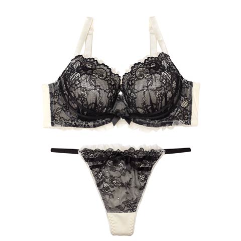 【EFサイズ】ダスティゴシックフリルチュール育乳脇高ブラジャー&Tバックショーツ［大人気］(アイボリー-E65/ショーツM)