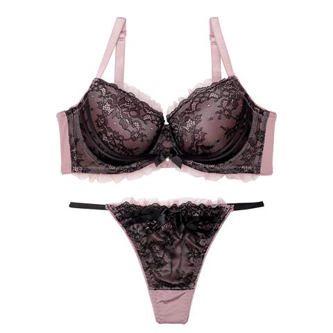 【EFサイズ】ダスティゴシックフリルチュール育乳脇高ブラジャー&Tバックショーツ［大人気］(ピンク-E65/ショーツM)