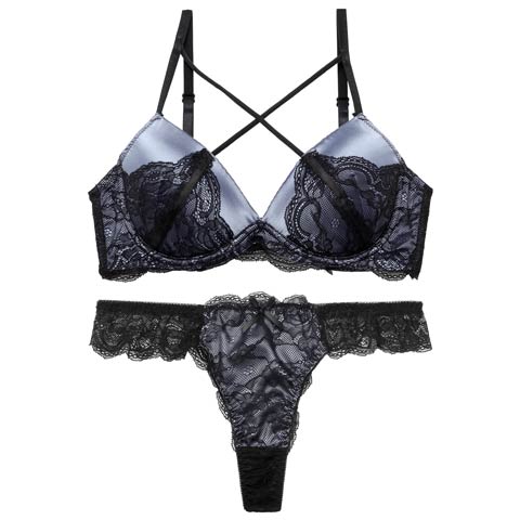 【三上悠亜着用】ダスティーサテンクロスレーシィブラジャー&バック透けTバックショーツ［激売れ］［均一セール］［12H限定1］(ブルー-A65/ショーツM)