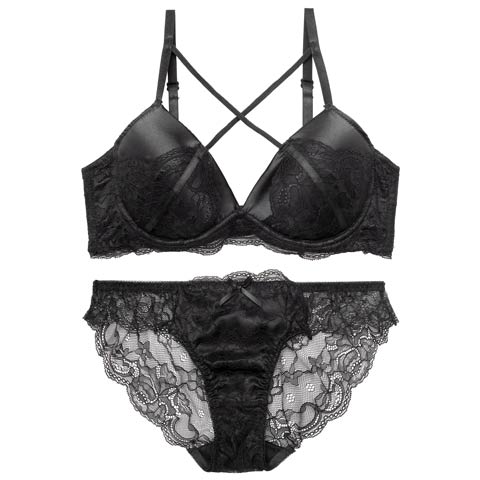 【三上悠亜着用】【EFサイズ】ダスティーサテンクロスレーシィブラジャー&バック透けフルバックショーツ［大人気］［12H限定1］(ブラック-E65/ショーツM)