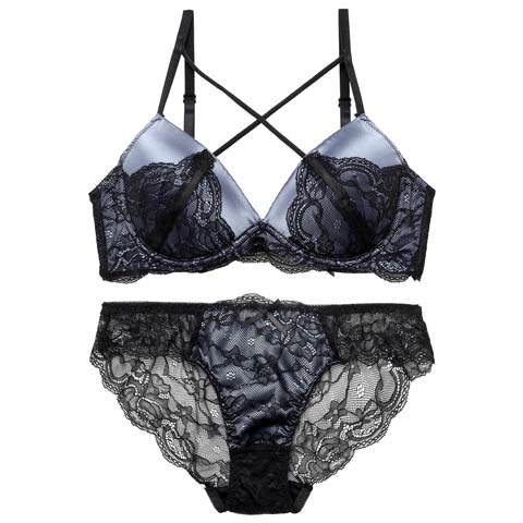 【三上悠亜着用】【EFサイズ】ダスティーサテンクロスレーシィブラジャー&バック透けフルバックショーツ［大人気］［12H限定1］(ブルー-E65/ショーツM)