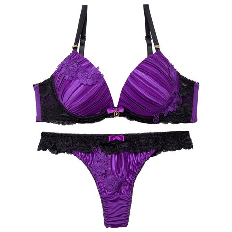 11/13再販!ジュエリーフラワープリーツブラジャー&Tバックショーツ［激売れ］(パープル-A65/ショーツM)