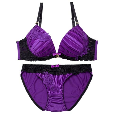 11/13再販!【EFサイズ】ジュエリーフラワープリーツブラジャー&フルバックショーツ［大人気］(パープル-E65/ショーツM)