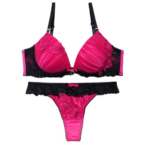 11/13再販!【EFサイズ】ジュエリーフラワープリーツブラジャー&Tバックショーツ［大人気］(ローズピンク-E65/ショーツM)