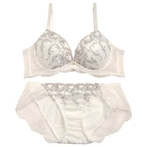 【EFサイズ】クラシカルラインレース育乳脇高ブラジャー&フルバックショーツ［大人気］(ホワイト-E65/ショーツM)