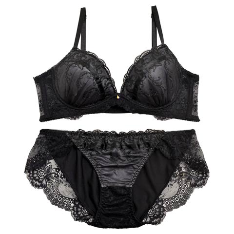 【EFサイズ】クラシカルラインレース育乳脇高ブラジャー&フルバックショーツ［大人気］(ブラック-E65/ショーツM)