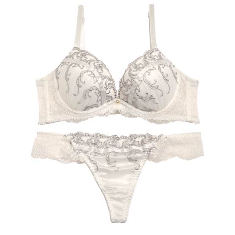 【EFサイズ】クラシカルラインレース育乳脇高ブラジャー&Tバックショーツ［大人気］(ホワイト-E65/ショーツM)