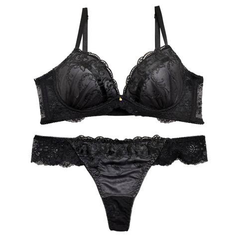 【EFサイズ】クラシカルラインレース育乳脇高ブラジャー&Tバックショーツ［大人気］(ブラック-E65/ショーツM)
