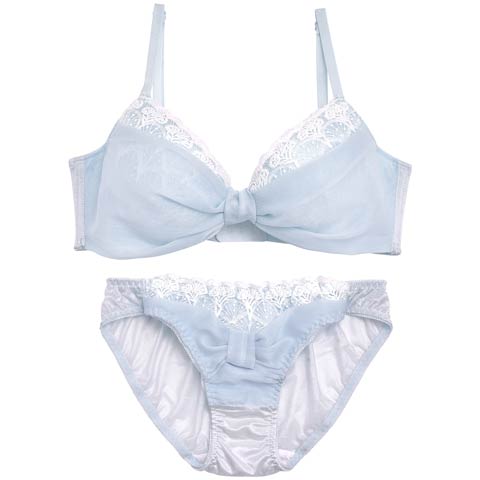 3/18再販!【EFサイズ】プリンセスリボンガーリー育乳脇高ブラジャー&フルバックショーツ［大人気］(サックス-E65/ショーツM)