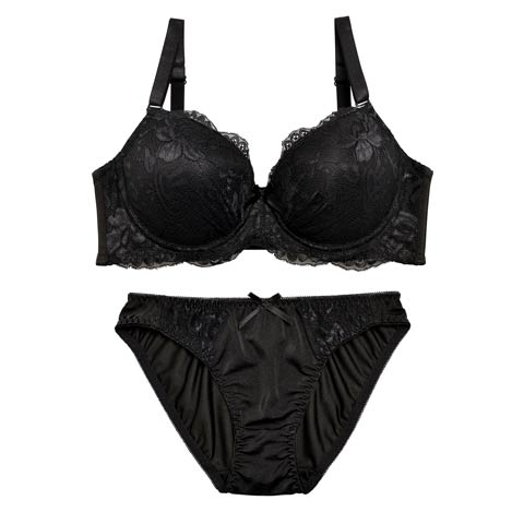 【EFサイズ】シンプルエレガント刺繍レースブラジャー&フルバックショーツ(ブラック-E70/ショーツM)