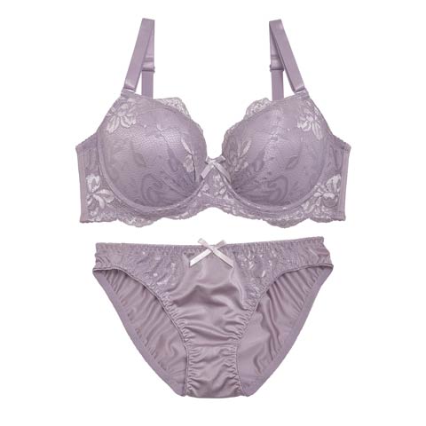 【EFサイズ】シンプルエレガント刺繍レースブラジャー&フルバックショーツ(パープル-E70/ショーツM)