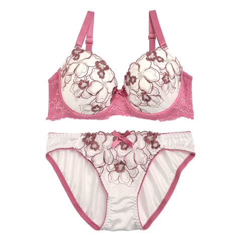 【EFサイズ】ロマンスハイビスカス刺繍ブラジャー&フルバックショーツ(ピンク-E70/ショーツM)