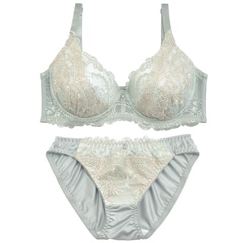 【EFサイズ】ペールメロウレース育乳脇高ブラジャー&フルバックショーツ(グリーン-E70/ショーツM)
