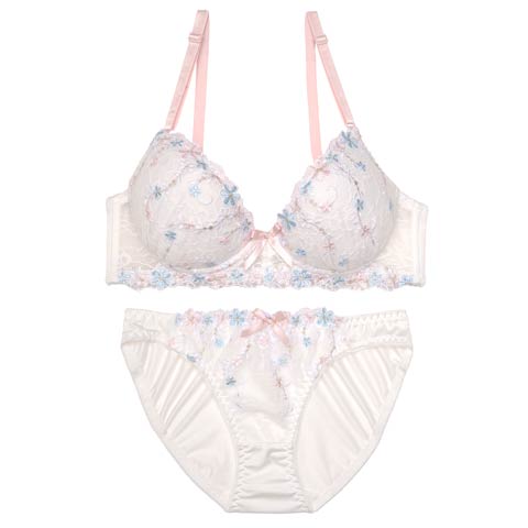 【ノンワイヤー】ダーリングキュートフラワーブラジャー&フルバックショーツ(ホワイト-M)