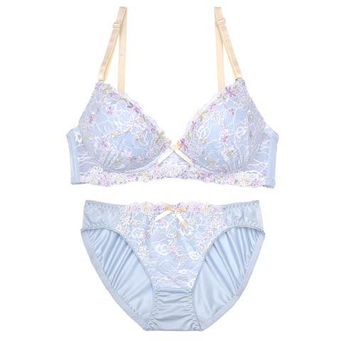 【ノンワイヤー】ダーリングキュートフラワーブラジャー&フルバックショーツ(ブルー-M)