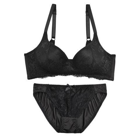 【ノンワイヤー】クラシックローズレース育乳脇高ブラジャー&フルバックショーツ(ブラック-M)