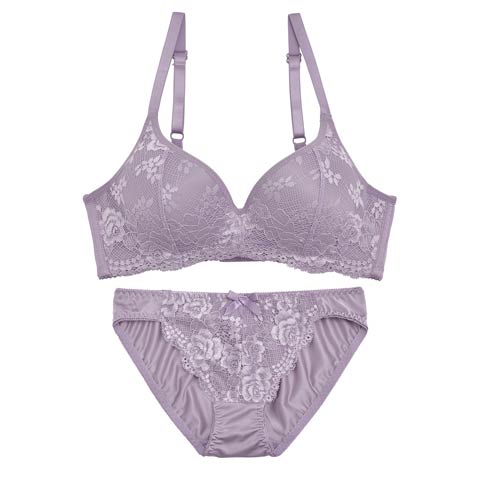 【ノンワイヤー】クラシックローズレース育乳脇高ブラジャー&フルバックショーツ(パープル-M)