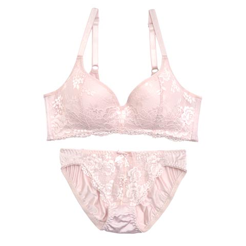 【ノンワイヤー】クラシックローズレース育乳脇高ブラジャー&フルバックショーツ(ピンク-M)
