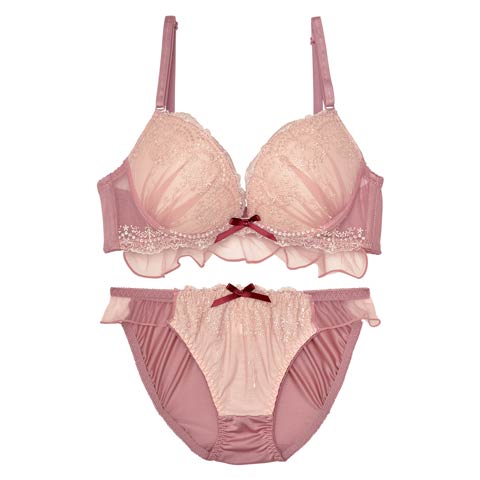 【ノンワイヤー】ドレッシーチュールフリルブラジャー&フルバックショーツ(ピンク-M)