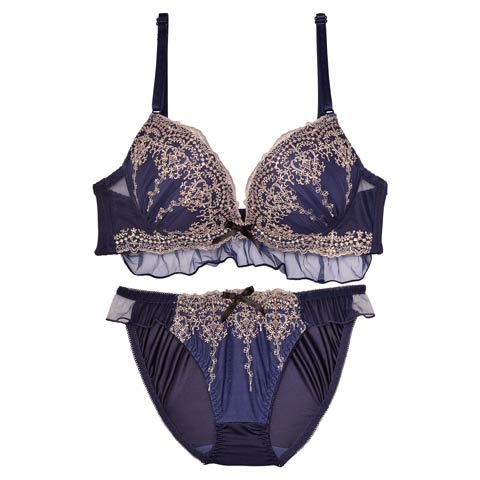 【ノンワイヤー】ドレッシーチュールフリルブラジャー&フルバックショーツ(ネイビー-M)