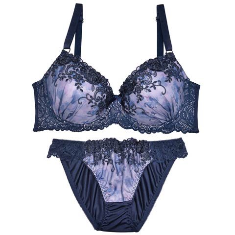 【GHサイズ】トゥインクルメルティフラワーブラジャー&フルバックショーツ(ネイビー-G75/ショーツL)