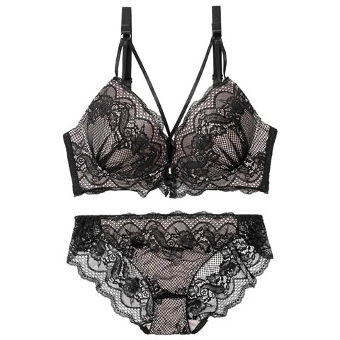 【EFサイズ】ロマンティックスカラップコードブラジャー&バック透けフルバックショーツ［大人気］(ブラック-E70/ショーツM)