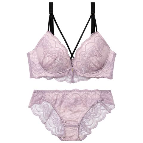 【EFサイズ】ロマンティックスカラップコードブラジャー&バック透けフルバックショーツ［大人気］(パープル-E70/ショーツM)