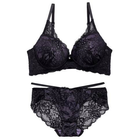 【GHサイズ】オールレースカットストリング育乳脇高ブラジャー&バック透けフルバックショーツ［大人気］(ブラック-G75/ショーツL)