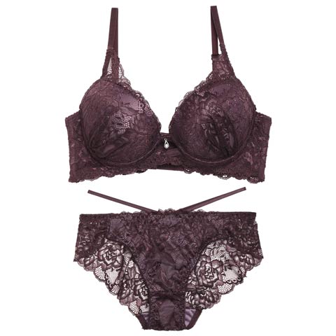 【GHサイズ】オールレースカットストリング育乳脇高ブラジャー&バック透けフルバックショーツ［大人気］(ディープパープル-G75/ショーツL)