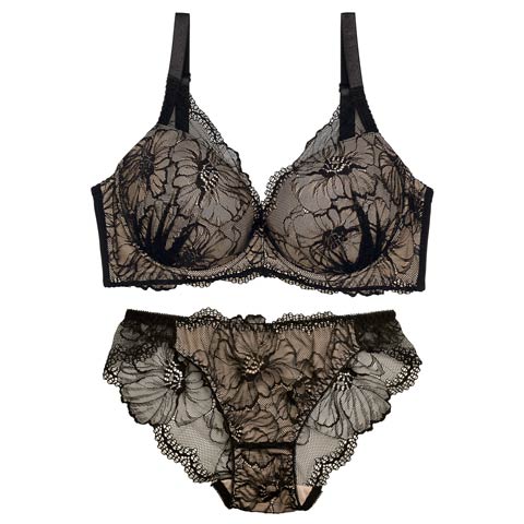【三上悠亜着用】【GHサイズ】ラグジュアリーフラワーレース育乳脇高ブラジャー&バック透けフルバックショーツ［大人気］(ブラック-G75/ショーツL)