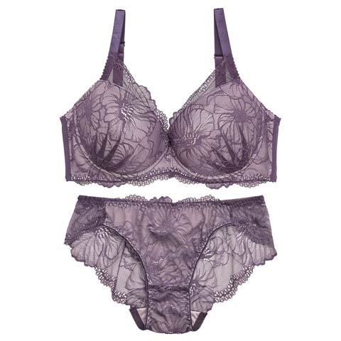 【三上悠亜着用】【GHサイズ】ラグジュアリーフラワーレース育乳脇高ブラジャー&バック透けフルバックショーツ［大人気］(パープル-G75/ショーツL)