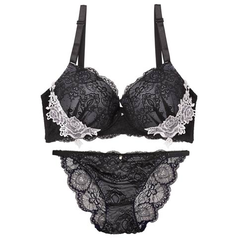 【三上悠亜着用】【EFサイズ】レーシィアンティークサイドローズ刺繍ブラジャー&バック透けフルバックショーツ［大人気］(ブラック-E70/ショーツM)