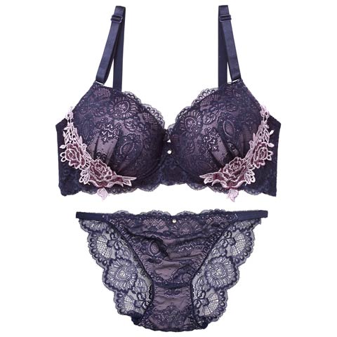 【三上悠亜着用】【EFサイズ】レーシィアンティークサイドローズ刺繍ブラジャー&バック透けフルバックショーツ［大人気］(ブルー-E70/ショーツM)