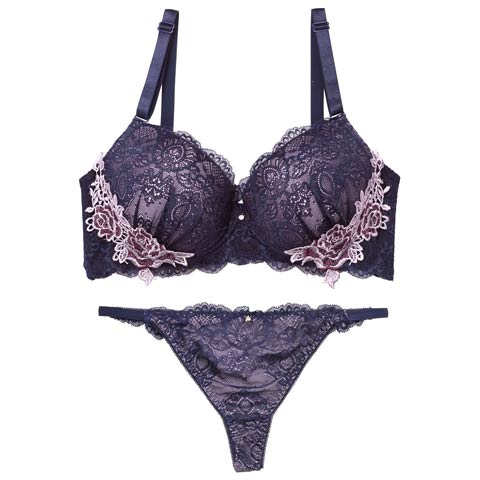 【三上悠亜着用】【EFサイズ】レーシィアンティークサイドローズ刺繍ブラジャー&バック透けTバックショーツ［大人気］(ブルー-E70/ショーツM)
