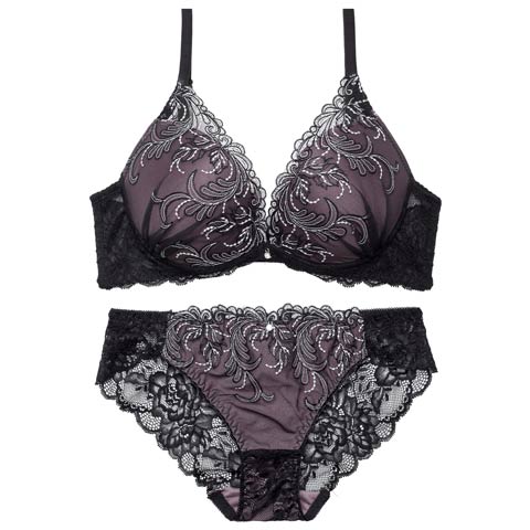 【EFサイズ】ボタニカルダスティーレースブラジャー&バック透けフルバックショーツ［大人気］(ブラック-E70/ショーツM)