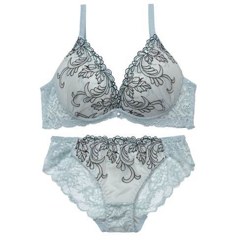 【EFサイズ】ボタニカルダスティーレースブラジャー&バック透けフルバックショーツ［大人気］(モスグリーン-E70/ショーツM)