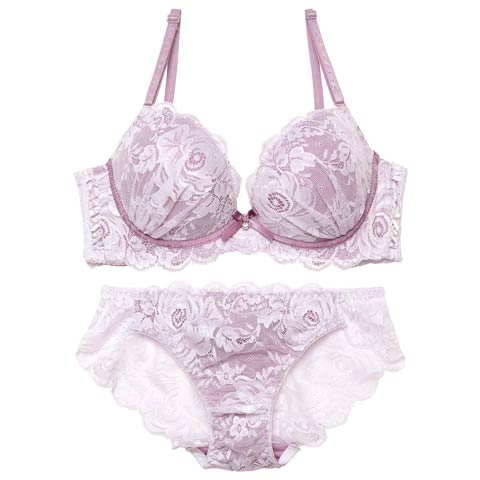 9/11再販!【三上悠亜着用】【ノンワイヤー】ミスティーローズレース育乳脇高ブラジャー&バック透けフルバックショーツ［激売れ］(パープル-M)