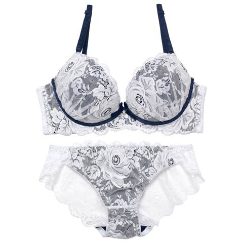 9/11再販!【三上悠亜着用】【ノンワイヤー】ミスティーローズレース育乳脇高ブラジャー&バック透けフルバックショーツ［激売れ］(ネイビー-M)